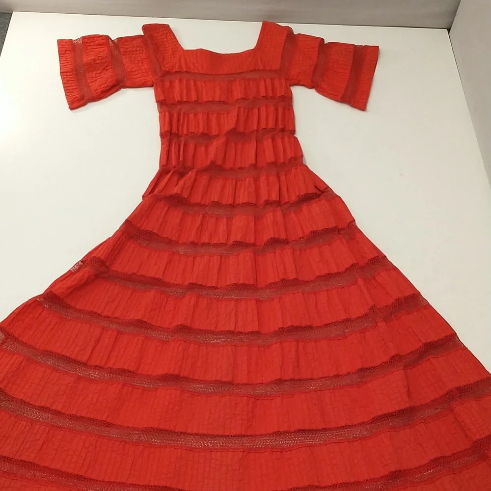 Red Mexican Wedding Dress Delicate Cotton Crochet 59" Long Traditional Fem Maxi - Picture 9 of 14